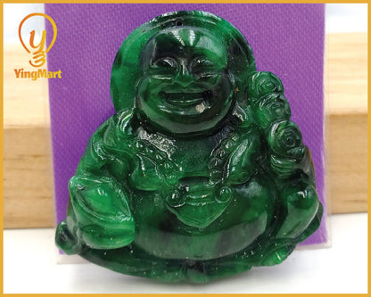 Yingmart Dark Green Natural Jade Stone Carved Statue of Buddha Jadeite, Protection, Good Luck