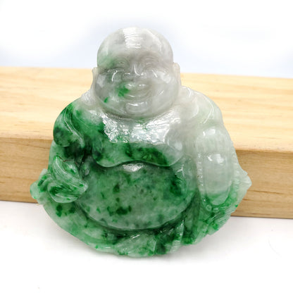 Yingmart White Green Spot Natural Jade Stone Carved Statue of Buddha Jadeite, Protection, Good Luck