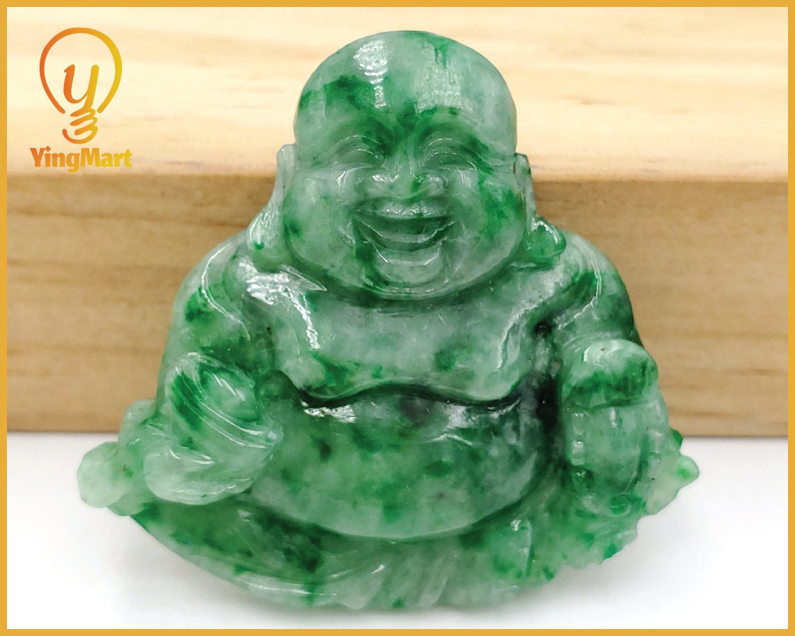 Yingmart White Green Spot Natural Jade Stone Carved Statue of Buddha Jadeite, Protection, Good Luck
