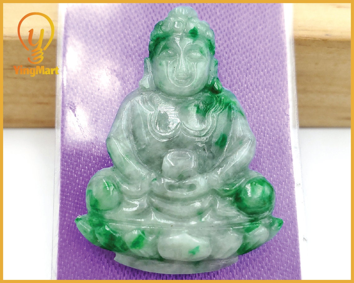 Yingmart White Green Spot Natural Jade Stone Carved Statue of gautama Buddha Jadeite, Protection, Good Luck