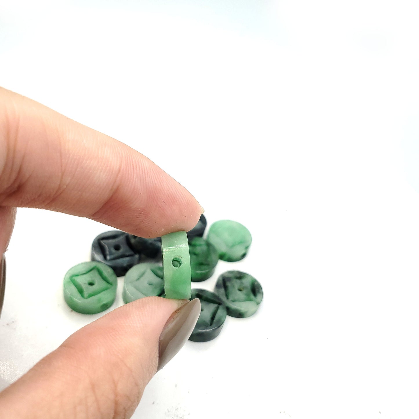 Yingmart PJG24 Green natural jade charm Caved Coins, necklace, Earrings, Pendant, Chain bracelet bead decoration, Lucky pendant