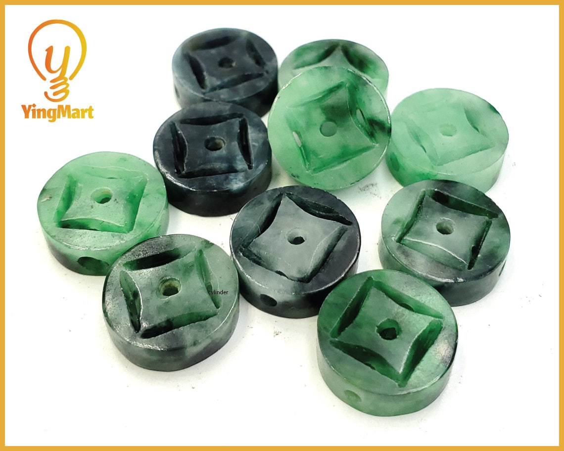 Yingmart PJG24 Green natural jade charm Caved Coins, necklace, Earrings, Pendant, Chain bracelet bead decoration, Lucky pendant