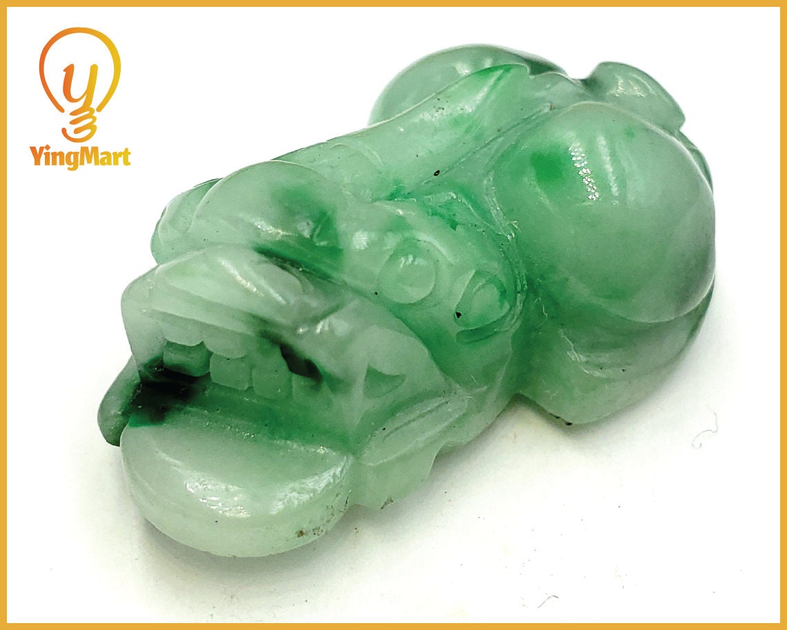Yingmart Green Natural Jade Stone Carved Statue of Pixiu Jadeite, Protection, Good Luck