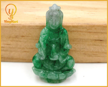 Yingmart Green Natural Jade Stone Carved Statue of Bodhisattva Jadeite, Protection, Good Luck