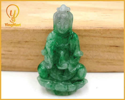 Yingmart Green Natural Jade Stone Carved Statue of Bodhisattva Jadeite, Protection, Good Luck