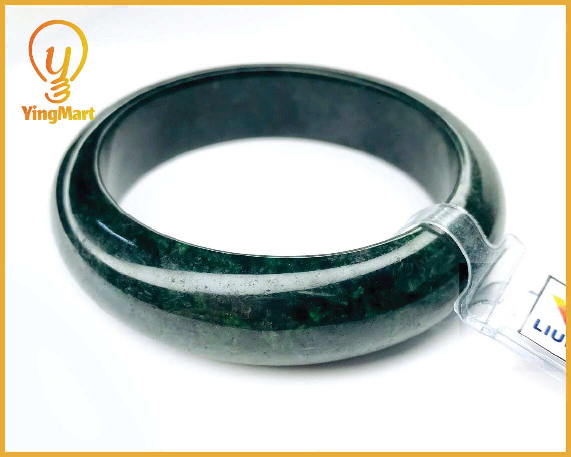 Yingmart Genuine Dark Green Black Spot Natural Jadeite Jade Bangles, Real Gemstone Bracelet, Vintage Jewelry, Gift for her