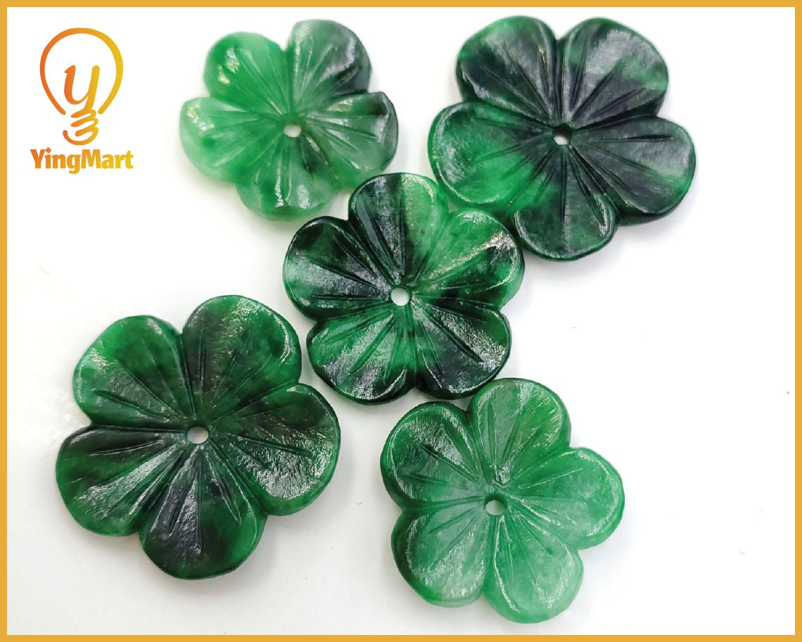 Yingmart Pairs of Green natural Jade stone Charm carved Apricot Blossom Pendant Necklace, Earring, Good Luck Pendant, Protection