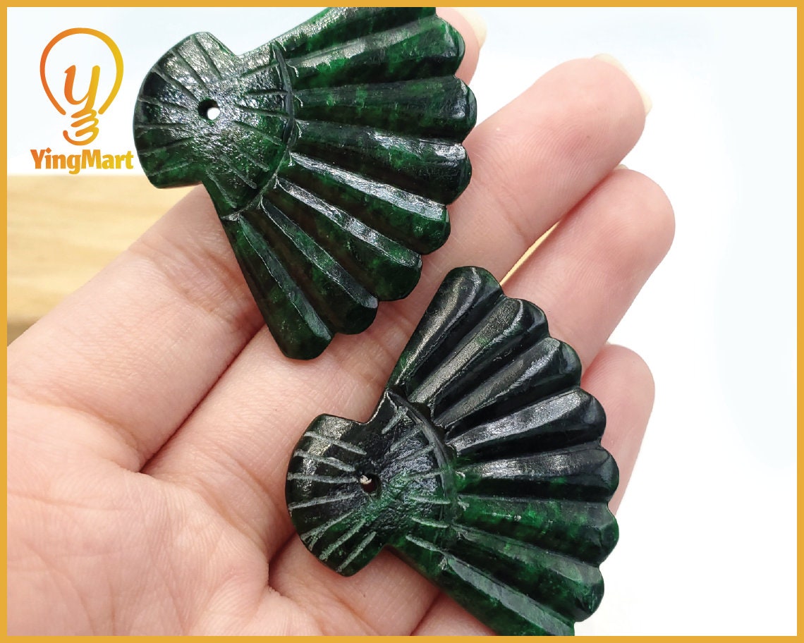Yingmart Pairs of Green natural jade charm Caved Hand Fan, necklace, Earrings, Pendant, Chain bracelet bead decoration, Lucky pendant