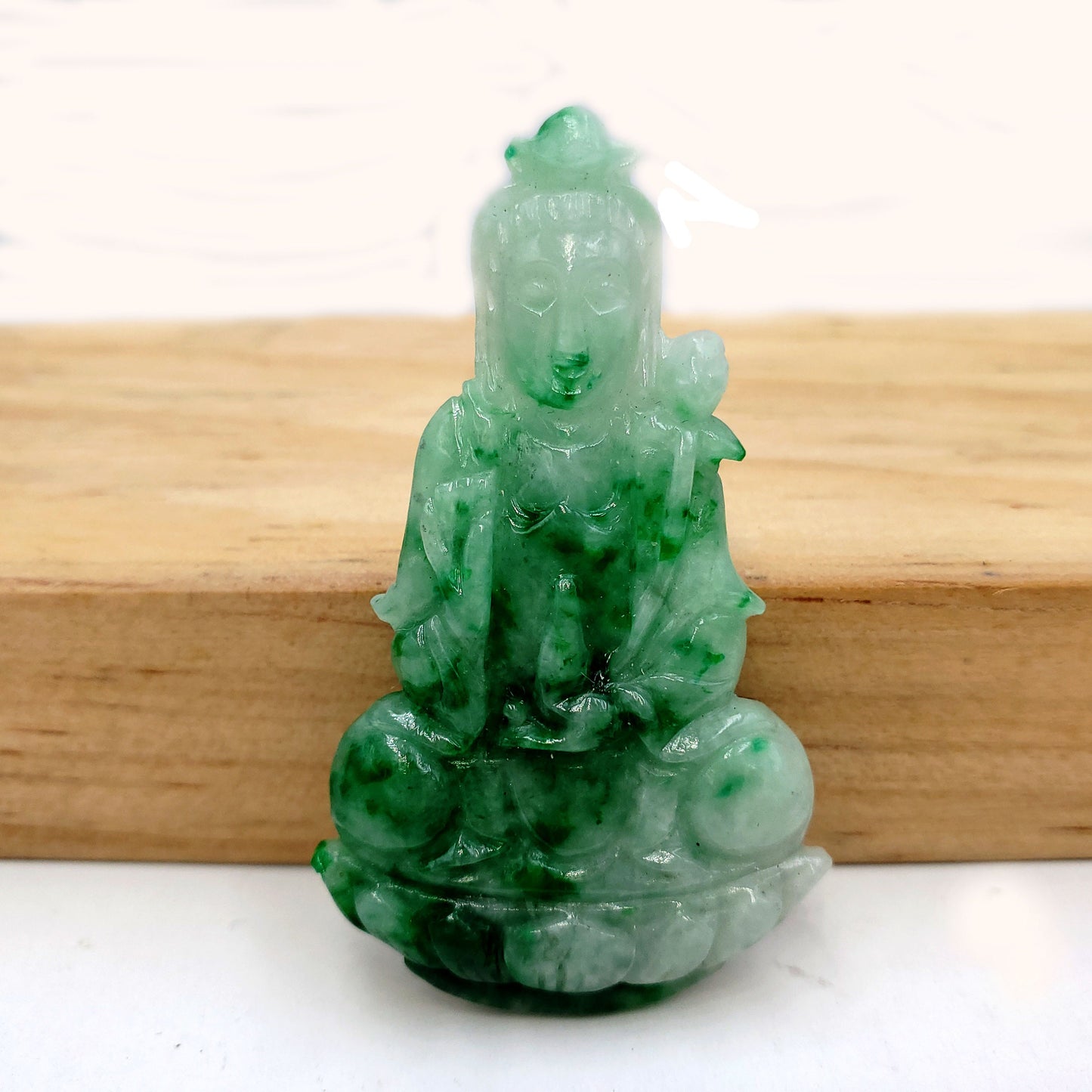 Yingmart Green Natural Jade Stone Carved Statue of Bodhisattva Jadeite, Protection, Good Luck