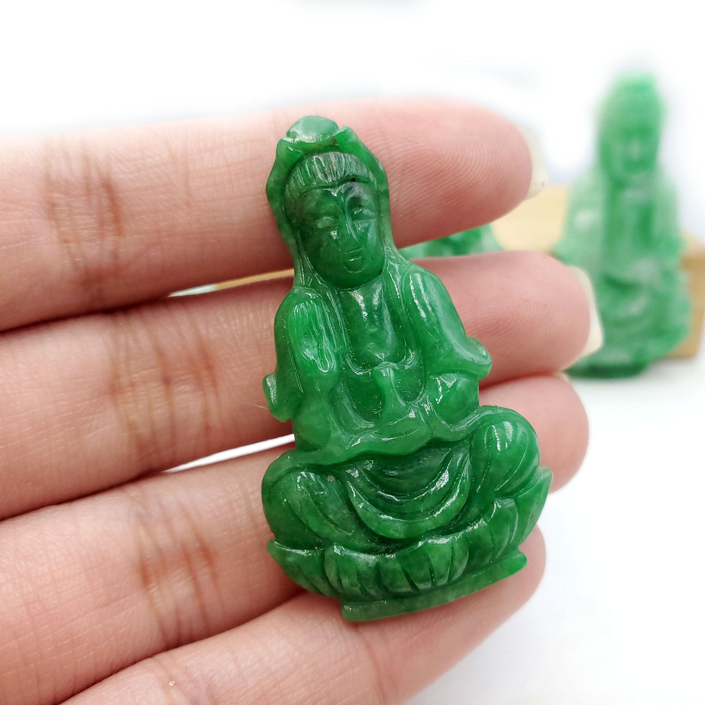 Yingmart Green Natural Jade Stone Carved Statue of Bodhisattva Jadeite, Protection, Good Luck