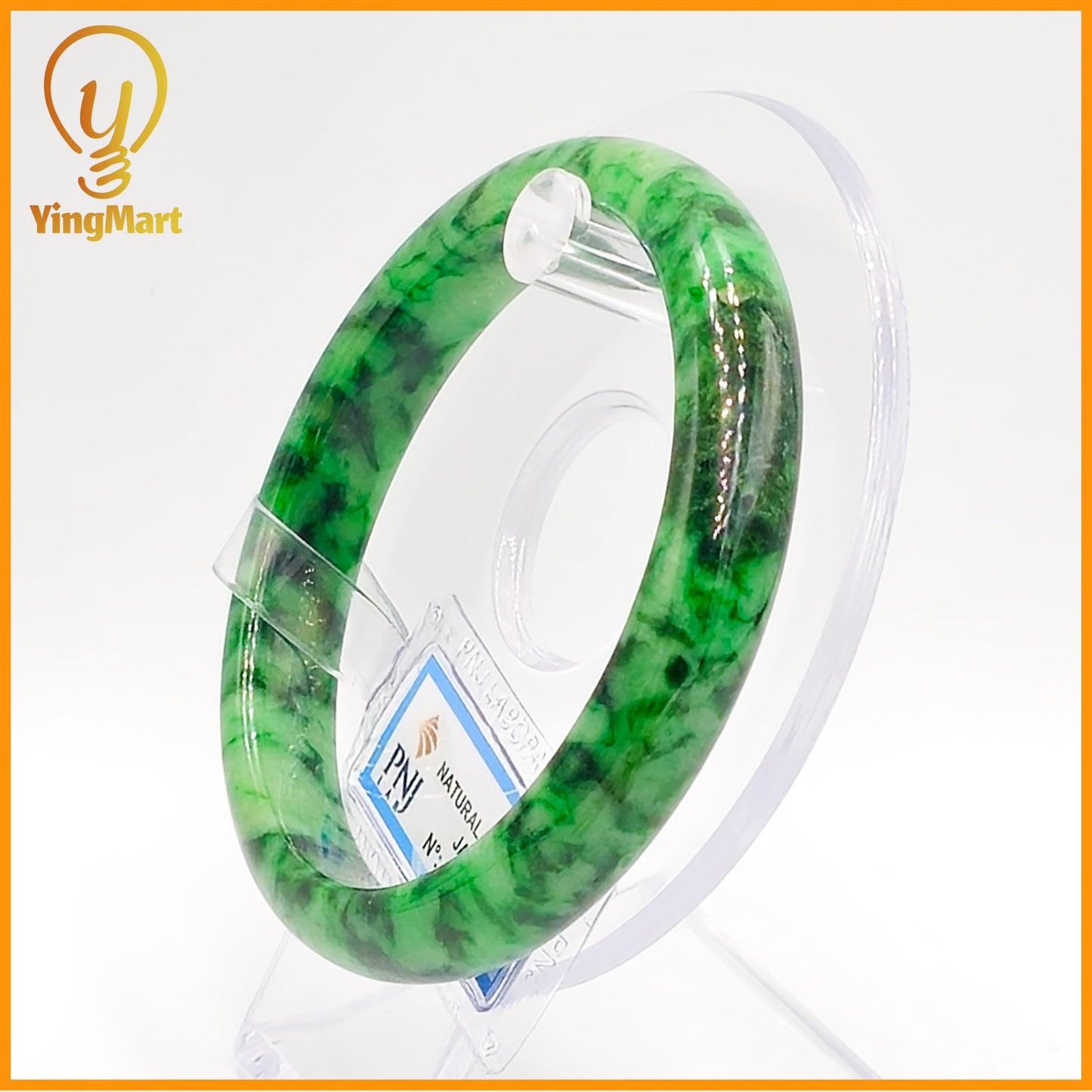 YingCollection 60mm PNJ Certified Natural Color Green With Black Brown Spot Jadeite Jade Bangle Bracelet, Real Gemstone, Jewelry