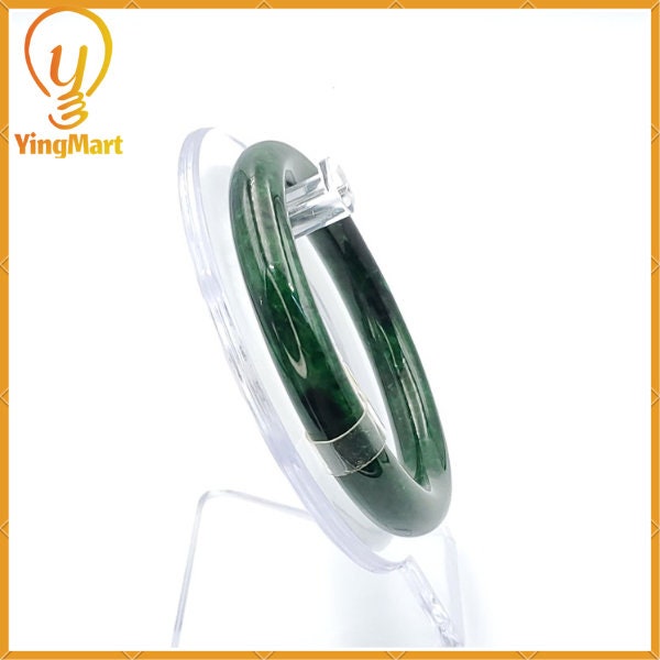YingCollection 55mm PNJ 127947 Certified Natural Color Green With Black Brown Spot Jadeite Jade Bangle Bracelet, Real Gemstone, Jewelry