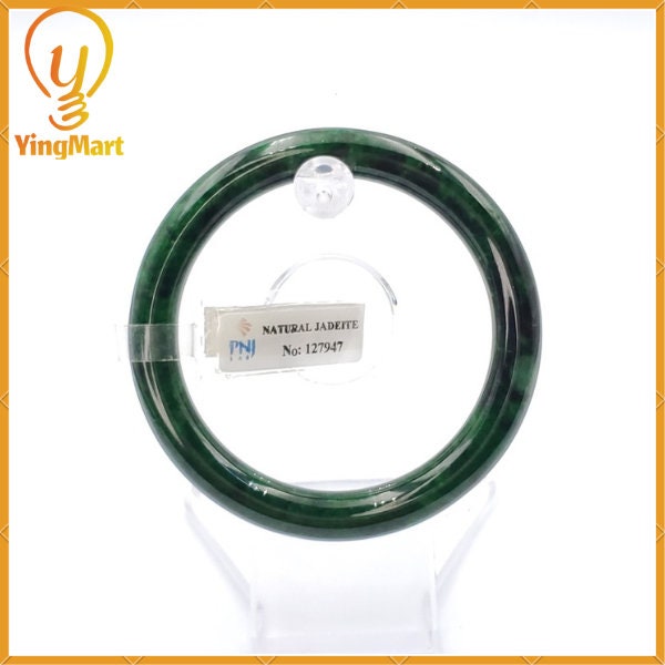 YingCollection 55mm PNJ 127947 Certified Natural Color Green With Black Brown Spot Jadeite Jade Bangle Bracelet, Real Gemstone, Jewelry