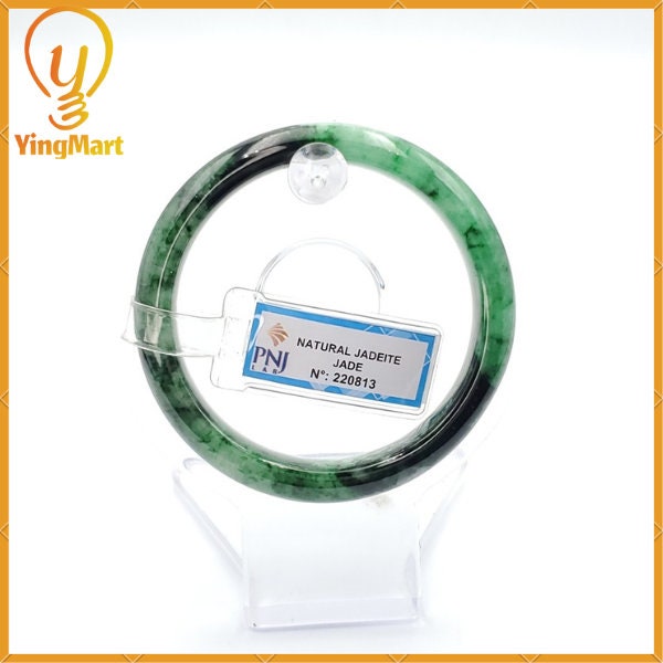 Yingmart 54mm PNJ Certified Natural Color Green With Black Brown Spot Jadeite Jade Bangle Bracelet, Real Gemstone, Jewelry