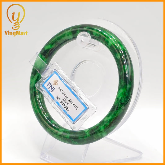 YingCollection 60mm PNJ Certified Natural Color Green With Black Brown Spot Jadeite Jade Bangle Bracelet, Real Gemstone, Jewelry