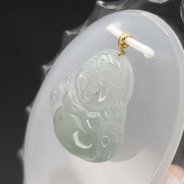 Yingmart High-quality Icy White, Light Green Grade A Jadeite Jade Laughing Buddha Burmese Myanmar A Hand Craving Pedant  with 18K Gold Hook