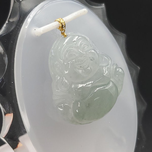 Yingmart High-quality Icy White, Light Green Grade A Jadeite Jade Laughing Buddha Burmese Myanmar A Hand Craving Pedant  with 18K Gold Hook