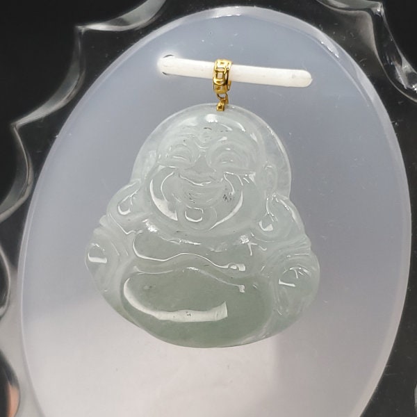 Yingmart High-quality Icy White, Light Green Grade A Jadeite Jade Laughing Buddha Burmese Myanmar A Hand Craving Pedant  with 18K Gold Hook