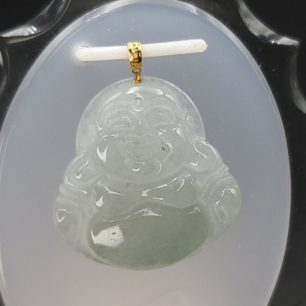 Yingmart High-quality Icy White, Light Green Grade A Jadeite Jade Laughing Buddha Burmese Myanmar A Hand Craving Pedant  with 18K Gold Hook