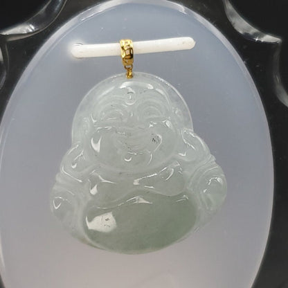 Yingmart High-quality Icy White, Light Green Grade A Jadeite Jade Laughing Buddha Burmese Myanmar A Hand Craving Pedant  with 18K Gold Hook