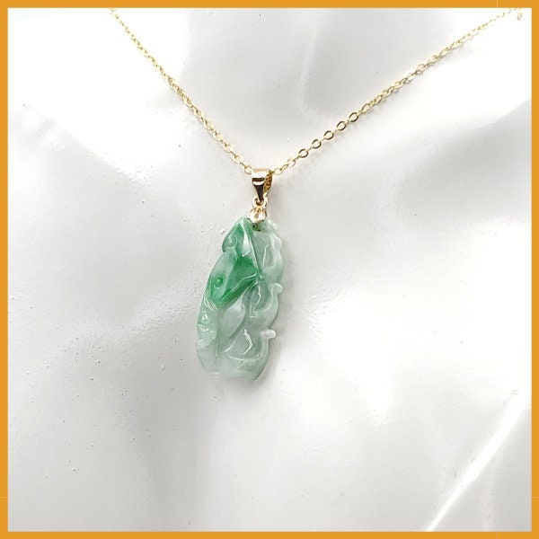Yingmart  White Apple Green Grade A Jadeite Jade Bamboo Burmese Myanmar Genuine Hand Craving Pedant  with Metal plated 14K gold Hook