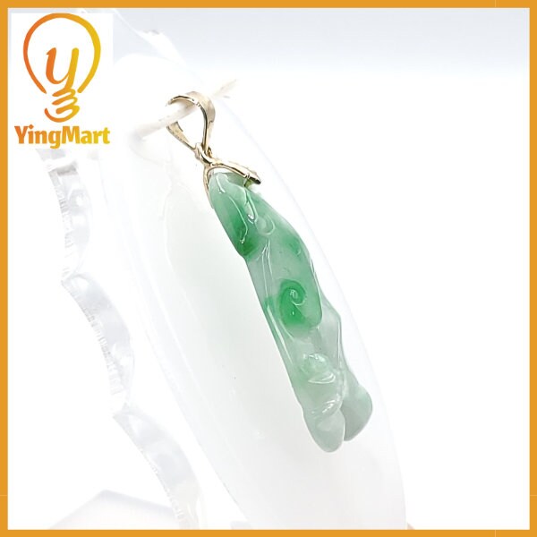 Yingmart  White Apple Green Grade A Jadeite Jade Bamboo Burmese Myanmar Genuine Hand Craving Pedant  with Metal plated 14K gold Hook