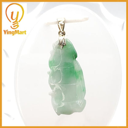Yingmart  White Apple Green Grade A Jadeite Jade Bamboo Burmese Myanmar Genuine Hand Craving Pedant  with Metal plated 14K gold Hook