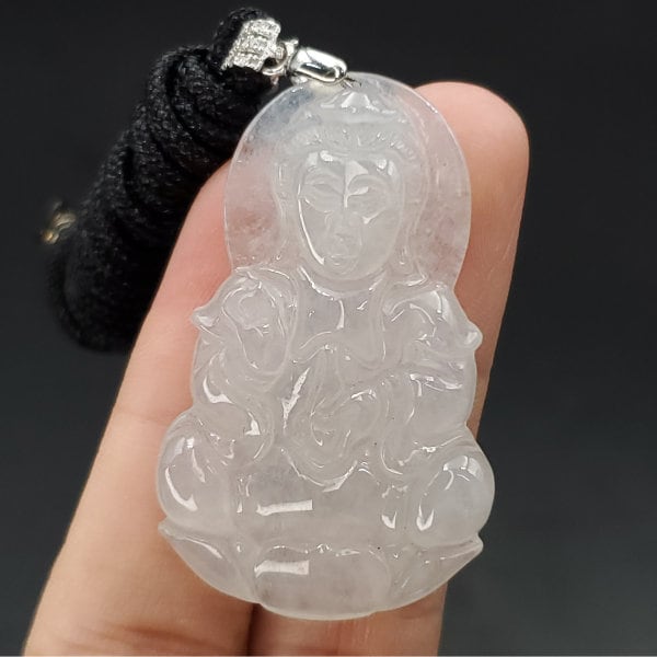 Yingmart High-quality  Jadeite Jade  White Guan-yin Buddha Burmese Myanmar Genuine Hand Craving  Pedant with S925 Hook with CZ Stone Embeded