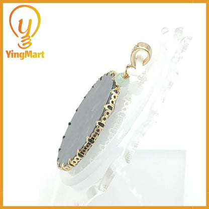 Yingmart Black Round Flat Pedant Burmese Myanmar Genuine Jadeite Jade Grade A Hand Craving Pedant S925 plated 14K Hook,  CZ Stone Embeded