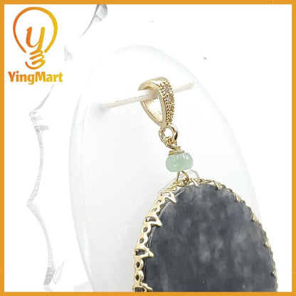 Yingmart Black Round Flat Pedant Burmese Myanmar Genuine Jadeite Jade Grade A Hand Craving Pedant S925 plated 14K Hook,  CZ Stone Embeded