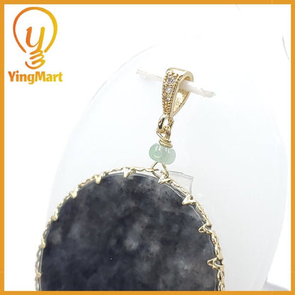 Yingmart Black Round Flat Pedant Burmese Myanmar Genuine Jadeite Jade Grade A Hand Craving Pedant S925 plated 14K Hook,  CZ Stone Embeded