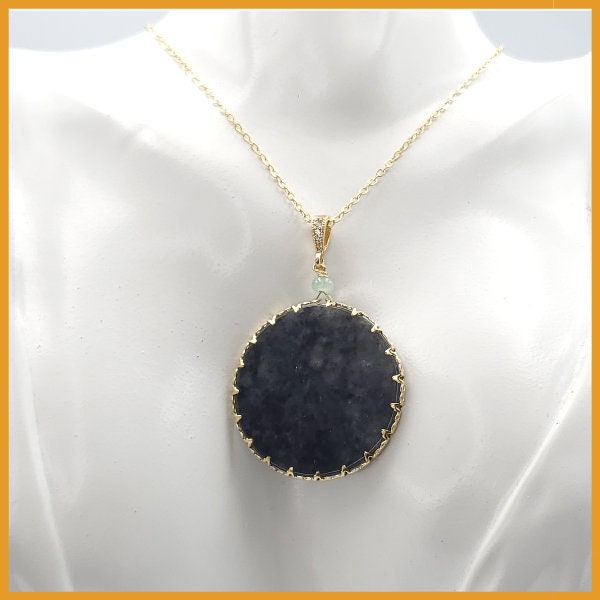 Yingmart Black Round Flat Pedant Burmese Myanmar Genuine Jadeite Jade Grade A Hand Craving Pedant S925 plated 14K Hook,  CZ Stone Embeded