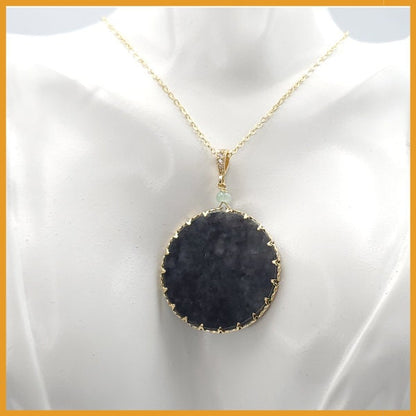 Yingmart Black Round Flat Pedant Burmese Myanmar Genuine Jadeite Jade Grade A Hand Craving Pedant S925 plated 14K Hook,  CZ Stone Embeded