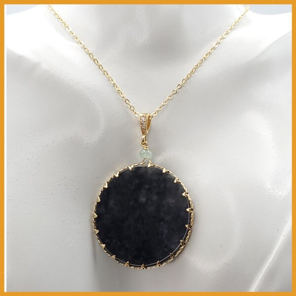 Yingmart Black Round Flat Pedant Burmese Myanmar Genuine Jadeite Jade Grade A Hand Craving Pedant S925 plated 14K Hook,  CZ Stone Embeded