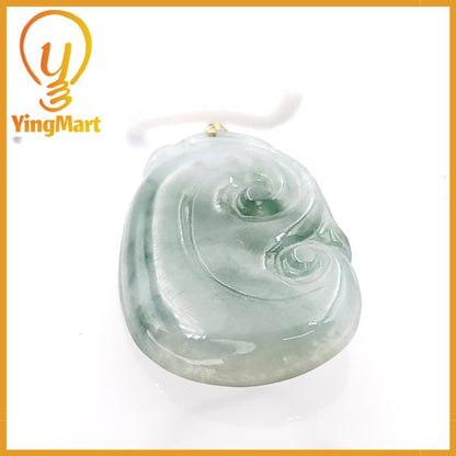 Yingmart  Semi-Translucent White Green Lucky Craving Ru-Yi Burmese Myanmar Genuine Jadeite Jade Grade A Hand Craving  Pedant, 18K Gold Hook