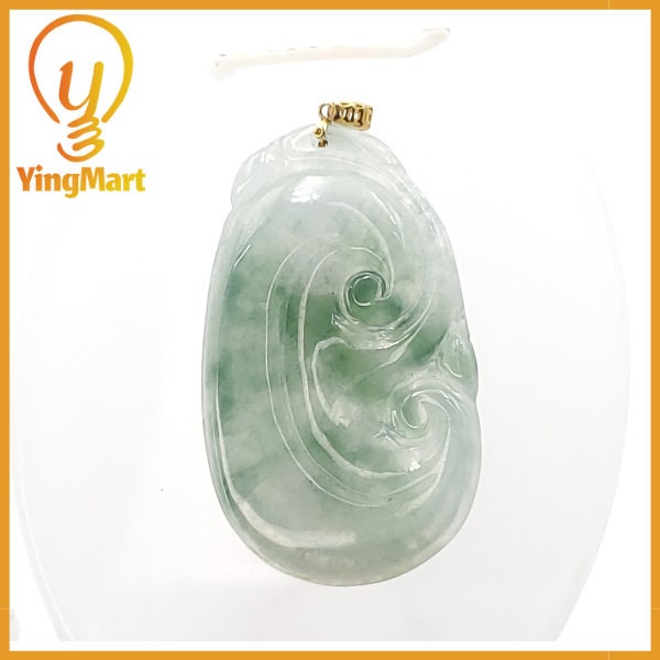 Yingmart  Semi-Translucent White Green Lucky Craving Ru-Yi Burmese Myanmar Genuine Jadeite Jade Grade A Hand Craving  Pedant, 18K Gold Hook