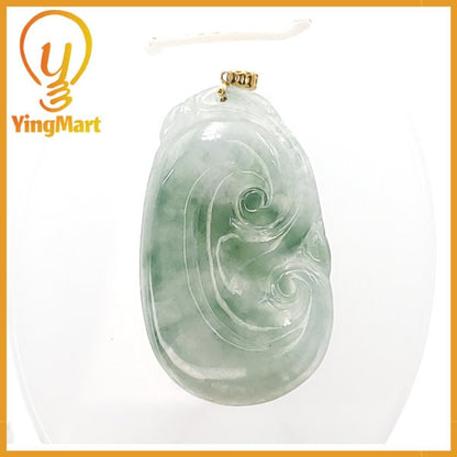 Yingmart  Semi-Translucent White Green Lucky Craving Ru-Yi Burmese Myanmar Genuine Jadeite Jade Grade A Hand Craving  Pedant, 18K Gold Hook