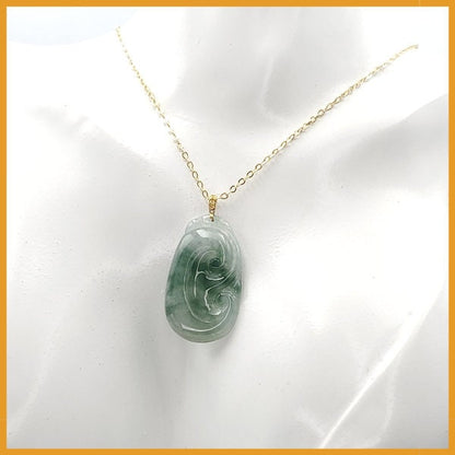 Yingmart  Semi-Translucent White Green Lucky Craving Ru-Yi Burmese Myanmar Genuine Jadeite Jade Grade A Hand Craving  Pedant, 18K Gold Hook