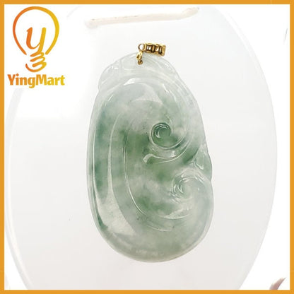 Yingmart  Semi-Translucent White Green Lucky Craving Ru-Yi Burmese Myanmar Genuine Jadeite Jade Grade A Hand Craving  Pedant, 18K Gold Hook