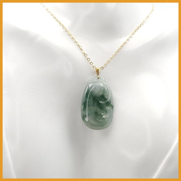 Yingmart  Semi-Translucent White Green Lucky Craving Ru-Yi Burmese Myanmar Genuine Jadeite Jade Grade A Hand Craving  Pedant, 18K Gold Hook