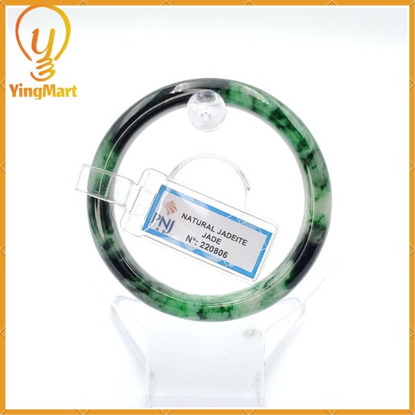 Yingmart 52mm PNJ Certified Natural Color Green With Black Brown Spot Jadeite Jade Bangle Bracelet, Real Gemstone, Jewelry
