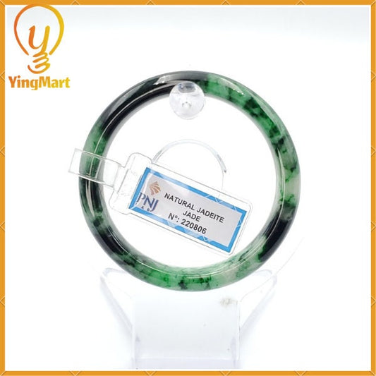 Yingmart 52mm PNJ Certified Natural Color Green With Black Brown Spot Jadeite Jade Bangle Bracelet, Real Gemstone, Jewelry