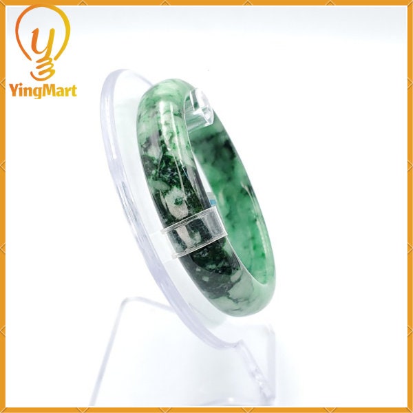 Yingmart 53mm PNJ Certified Natural Color Green With Black Brown Spot Jadeite Jade Bangle Bracelet, Real Gemstone, Jewelry