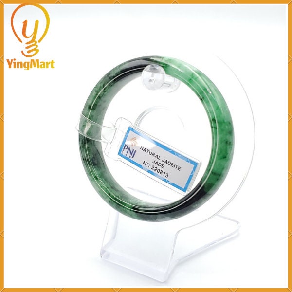 Yingmart 54mm PNJ Certified Natural Color Green With Black Brown Spot Jadeite Jade Bangle Bracelet, Real Gemstone, Jewelry