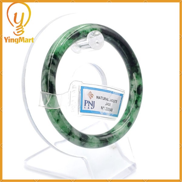 Yingmart 54mm PNJ220848 Certified Natural Color Green With Black Brown Spot Jadeite Jade Bangle Bracelet, Real Gemstone, Jewelry