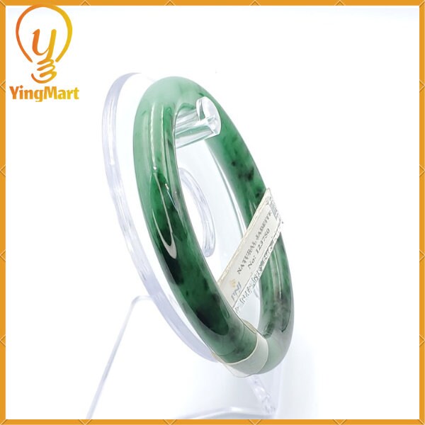YingCollection 63mm PNJ 123750 Certified Natural Color Green With Black Brown Spot Jadeite Jade Bangle Bracelet, Real Gemstone, Jewelry