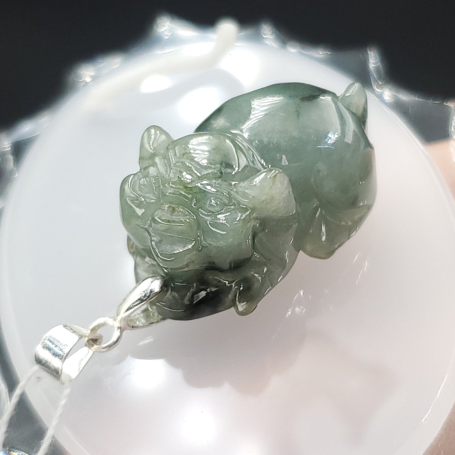 Yingmart Light Blue Piggy Burmese Myanmar Genuine Jadeite Jade Grade A Hand Craving Pedant with Hook setting