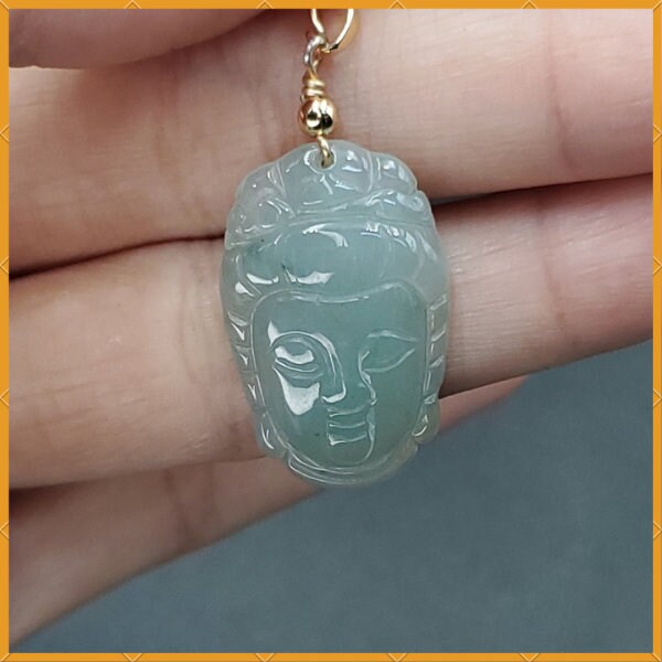 Yingmart Light Blue Guan-Yin Buhdda Face Burmese Myanmar Genuine Jadeite Jade Grade A Hand Craving Pedant with Hook setting
