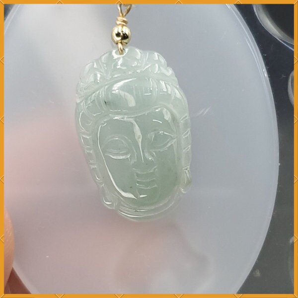Yingmart Light Blue Guan-Yin Buhdda Face Burmese Myanmar Genuine Jadeite Jade Grade A Hand Craving Pedant with Hook setting