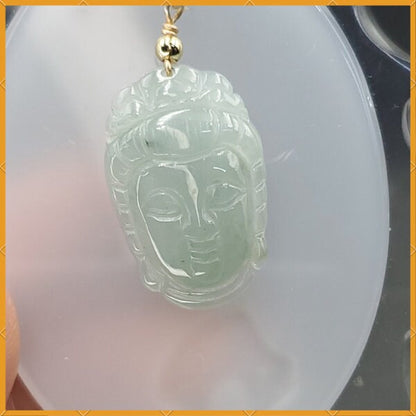 Yingmart Light Blue Guan-Yin Buhdda Face Burmese Myanmar Genuine Jadeite Jade Grade A Hand Craving Pedant with Hook setting